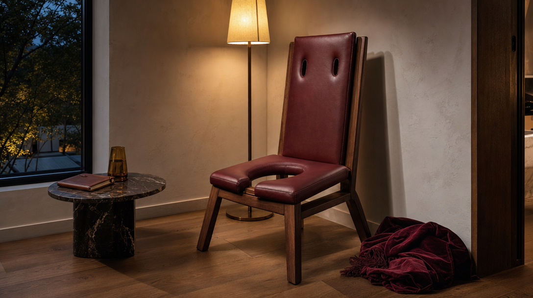 A tall-back oxblood leather queening chair angled in the corner of a private suite, draped with a velvet throw, beside a marble side table and a warm floor lamp at dusk.